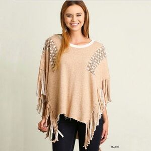 Umgee taupe fringed poncho cardigan s/m NWT